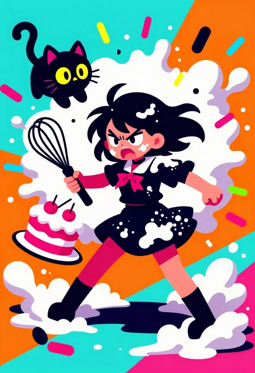 Кулинарный хаос в стиле Каваи-панк» (Style: Studio Trigger / Promare Style, Hyper-Stylized, Pop-Art)*A wild, hyper-stylized 8k pop-art illustration with bold lines and explosive colors. The rebel schoolgirl has a secret habit of trying to bake "aesthetic" cakes, but it always ends in a disaster. She is captured in a dynamic, chaotic moment: flour is exploding around her like a supernova, colorful sprinkles are flying in the air like confetti. She is covered in flour, holding a whisk like a sword, with a face of fierce, comedic determination. A tiny, fluffy black kitten is floating in the air, caught in the flour explosion, looking like a confused little soot-ball with huge, glowing yellow eyes. Lighting: flat but vivid neon colors, sharp geometric shadows, high-contrast complementary palettes (cyan and orange). Extreme wide-angle lens, distorted perspective, volumetric smoke of flour, vivid, saturated, and incredibly funny