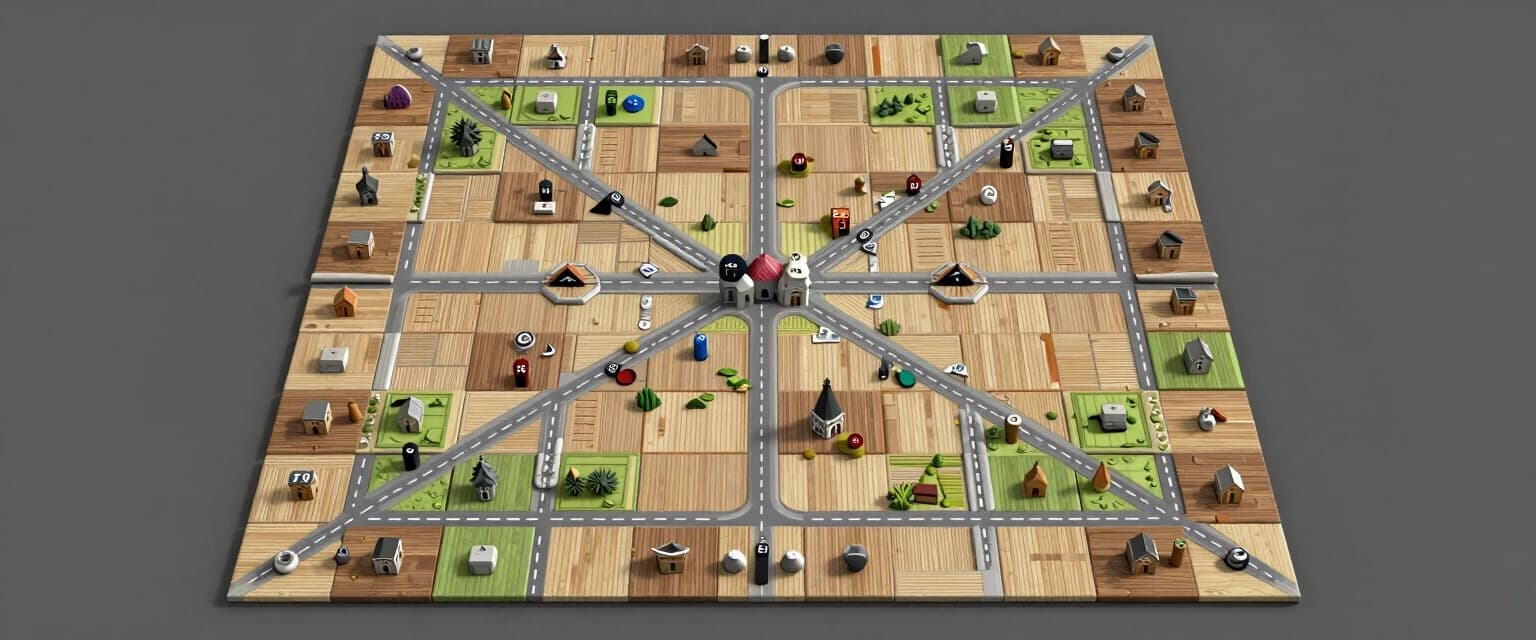 You're well-versed in the board game Carcassonne. And you know exactly what it looks like. You need to create a Carcassonne-themed desktop background, without overthinking it, from a top-down perspective. A top-down view of the game map: fields, towns, roads, and monasteries, resembling Carcassonne tiles arranged like a square mosaic. Subtle muted colors, realistic lighting, wood and stone textures, a minimalist style, and a 16:9 aspect ratio create a calm atmosphere.