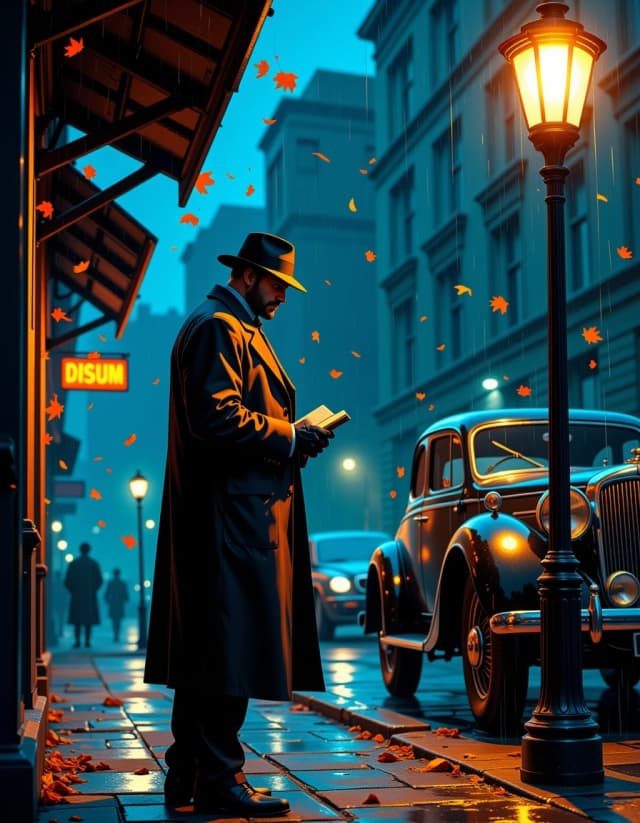A masterpiece,  in the style of the 1980s, with bold lines, dynamic strokes and rich textures, on background with a touch of nostalgia, perhaps with subtle drawings inspired by cellulose and vintage, worn textures similar to paper,oil painting,  Photorealistic cinematic film-noir street scene at night: a solitary 1930s detective in a dark fedora and soaked long leather trench coat stands beside a vintage black sedan under a glowing streetlamp in steady rain, holding a small open notebook in gloved hands, stern thoughtful expression, strong jawline and subtle stubble, warm rim light on his face contrasting with cool ambient street lighting; falling autumn leaves swirl and stick to the wet cobblestone sidewalk, glossy reflections of lamps and car chrome in puddles, visible rain streaks and droplets on surfaces. Compose a low-angle three-quarter full-body shot with shallow depth of field and cinematic bokeh, 35mm lens aesthetic, slightly desaturated cool blue color grade with warm amber highlights, high contrast chiaroscuro, gentle film grain, razor-sharp facial detail, soft motion blur on moving leaves and rain, pronounced specular highlights on metal and wet leather, moody mysterious atmosphere, dramatic storytelling, high dynamic range, photoreal detail, 4k composition, cinematic aspect ratio. celshading, simple background