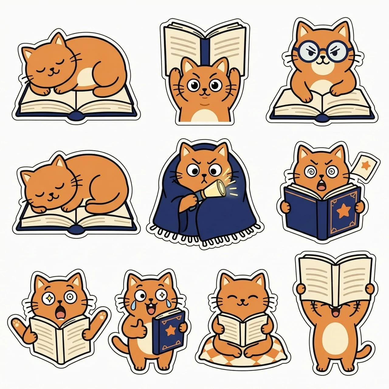Set of 10 minimalist vector stickers with transparent background, featuring cute cartoon cats reading books: cat lying on a book, cat holding a book upside down, cat with glasses reading, cat sleeping on an open book, cat reading under a blanket with a flashlight, cat bookmarking with a paw, cat crying over a plot twist, cat giving a thumbs up with a book. Funny relatable exaggerated expressions, vibrant colors in warm orange, deep navy blue and soft cream, white sticker outline, clean composition. Flat 2D style.