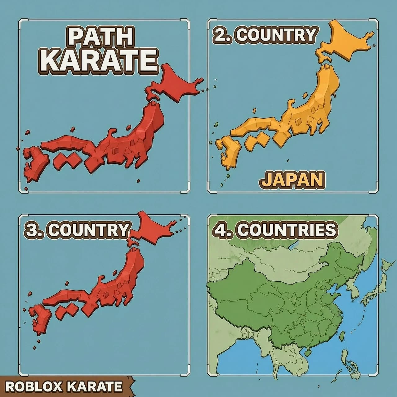 Create a fictional map of 4 countries for the Roblox game Path Karate. The name is on the left, the country is Japan, in 3D.