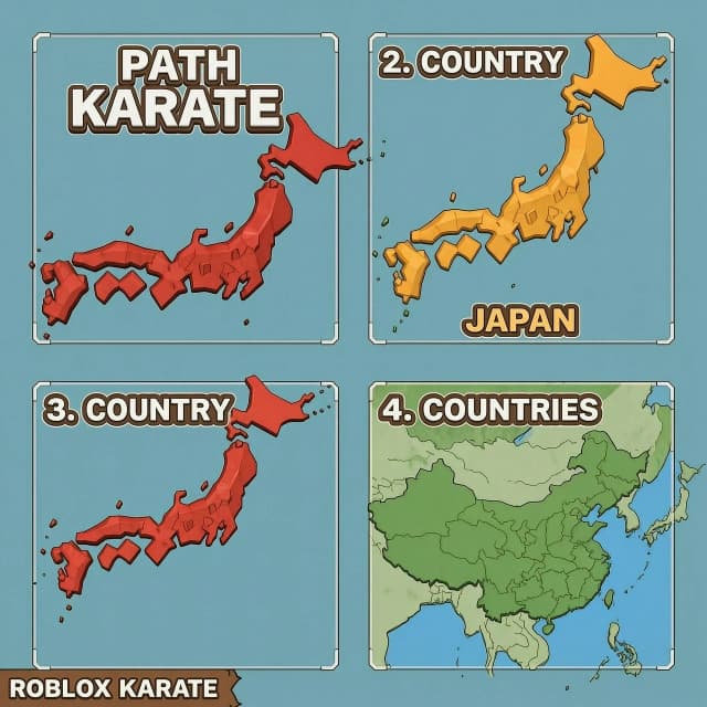 Create a fictional map of 4 countries for the Roblox game Path Karate. The name is on the left, the country is Japan, in 3D.