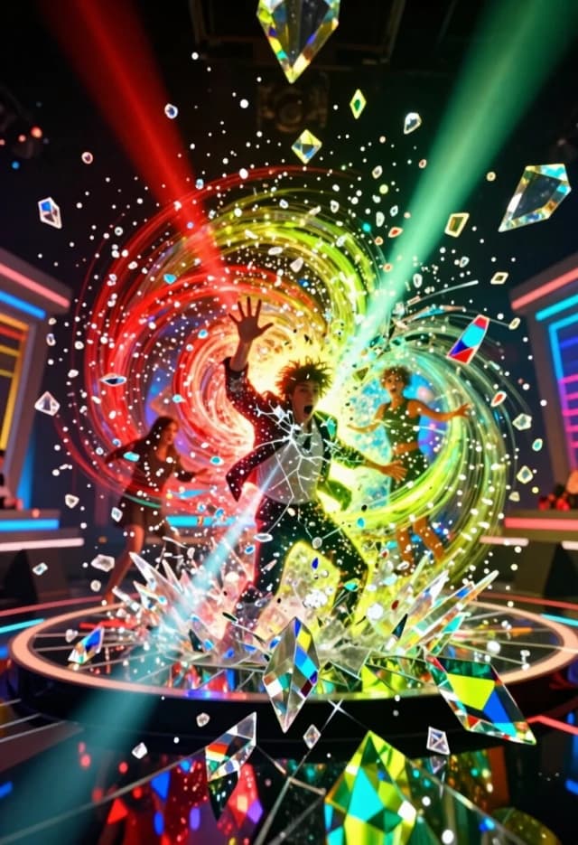 *Dynamic wide shot of a shocking twist in a dating show. A person breaks a metaphorical glass wall, triggering a massive vortex of swirling iridescent crystals. Use "Luminous Crystal Mosaic Style": the entire environment is a collapsing surreal mosaic of millions of tiny glowing glass fragments. A whirlwind of rainbow colors, from vivid crimson to electric lime, spiraling around the characters. High-contrast lighting with deep black voids and brilliant prismatic flares. Volumetric light beams cutting through the crystal storm. Intricate textures of shattered diamond-like shards and translucent glass tesserae. Hyper-realistic rendering of light refraction and dispersion, creating a dazzling spectacle of color and energy. The characters are partially absorbed by the crystalline storm, their silhouettes glowing with intense internal light. Extreme depth of field, cinematic composition, 8k, breathtakingly vivid colors, surreal architectural collapse of the dating show set.