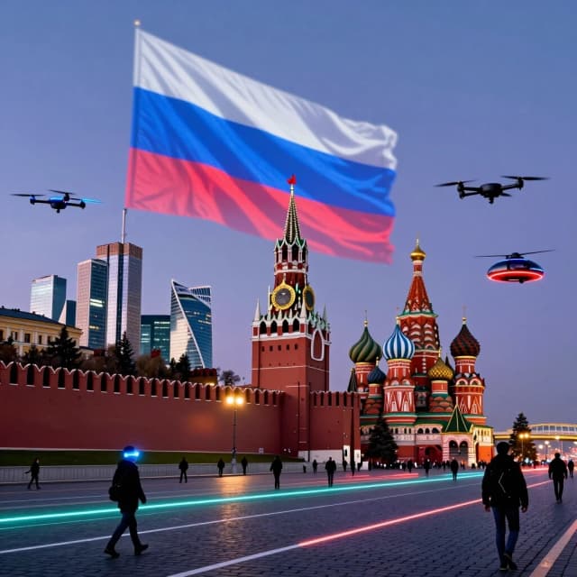 Визуальный образ «Москва-2070: Футуристическая Красная площадь»Архитектурный контраст: Древние стены Кремля, Спасская башня и Покровский собор (Храм Василия Блаженного) бережно сохранены в своем историческом облике, создавая мощный контраст с технологиями будущего. На их фоне возвышаются парящие зеркальные небоскребы, уходящие высоко в облака.Российский флаг: Над Спасской башней развевается огромный российский триколор. В небе над площадью беспилотные летательные аппараты (дроны) устраивают масштабное световое шоу, проецируя гигантский голографический флаг России, который мягко светится в вечернем небе и переливается белыми, синими и красными огнями.Небо и транспорт: Вместо привычного асфальта и брусчатки на дальних планах видны двухуровневые прозрачные эстакады. По воздушным коридорам бесшумно пролетают стильные глайдеры, аэротакси и пассажирские дроны с неоновой подсветкой.Атмосфера площади: Покрытие Красной площади модернизировано: между исторической брусчаткой интегрированы тонкие светящиеся линии, которые меняют цвет и указывают туристические маршруты. Вокруг прогуливаются люди в современной одежде со встроенными элементами дополненной реальности (умные очки, светящиеся детали одежды).Цветовая палитра: Глубокое сине-фиолетовое вечернее небо, теплый свет подсветки Кремля, неоновые бирюзовые и белые линии футуристического транспорта, а также яркие, доминирующие цвета российского флага (белый, синий, красный), объединяющие всю композицию.