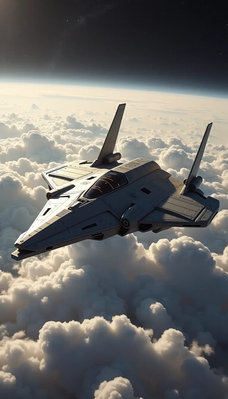 Cinematic sci-fi shot of an aggressive, angular dark grey spaceship hovering in the upper stratosphere. The ship features flat, vertical, weakly glowing pale gray wing plates. Below the ship is a dense, thick layer of volumetric white and gray clouds. Above the ship, the sky transitions into deep black cosmic space, already showing scattered stars and a faint atmospheric glow at the edge. The background contains no planets or large celestial bodies — only a clean transition from clouds to deep space. Dramatic lighting, high definition, photorealistic, cold metallic textures, realistic atmosphere, closely resembling vessels from the game Dark Orbit.