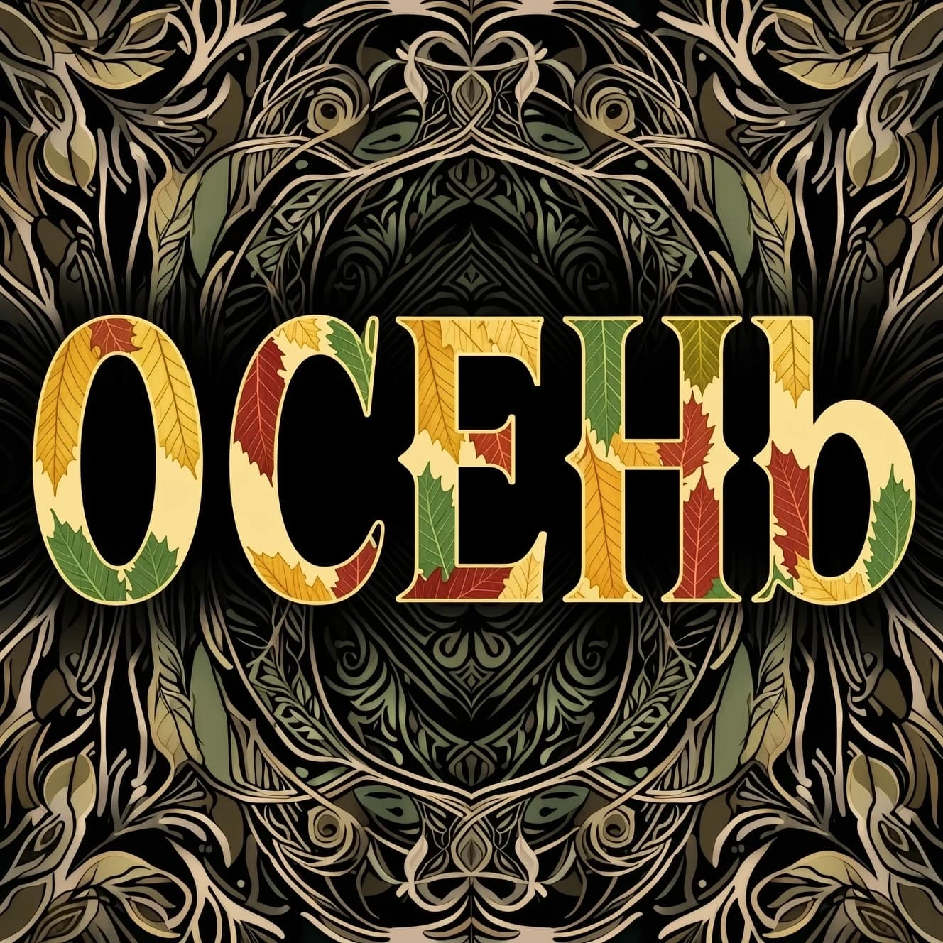 Digital image with double exposure and overlay of layers and textures. Vector graphics. The word "OCEHb" is made of gold, crimson and green skeletonized textured autumn leaves in various shades of yellow, orange, green and red. An unusual font made of autumn leaves. A very detailed and impressive font. Font and background contrast, fading, gradient. Background: a lot of dark with light ornaments. Delicate elements of the floral pattern. Gothic, decorative style, Art Nouveau. Abstract vector fractal pattern, Zentangle, Gothic, dark art. In the style of Alphonse Mucha, Gustav Klimt, Aubrey Beardsley and Roman Tirtov. High level of detail.