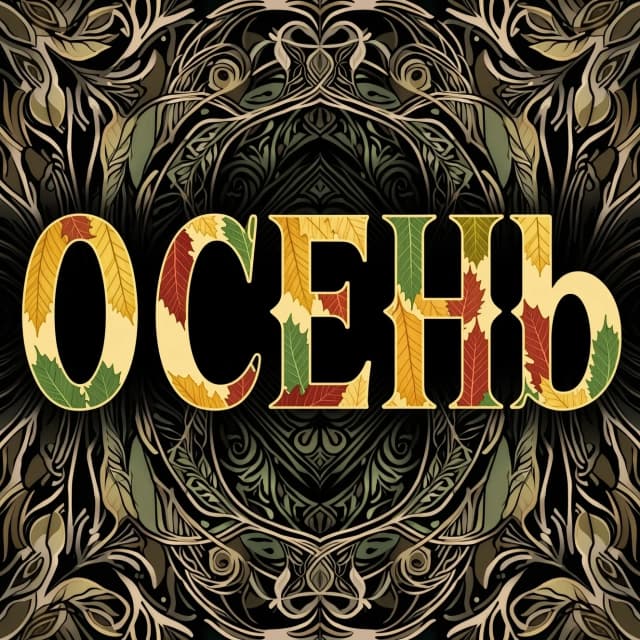 Digital image with double exposure and overlay of layers and textures. Vector graphics. The word "OCEHb" is made of gold, crimson and green skeletonized textured autumn leaves in various shades of yellow, orange, green and red. An unusual font made of autumn leaves. A very detailed and impressive font. Font and background contrast, fading, gradient. Background: a lot of dark with light ornaments. Delicate elements of the floral pattern. Gothic, decorative style, Art Nouveau. Abstract vector fractal pattern, Zentangle, Gothic, dark art. In the style of Alphonse Mucha, Gustav Klimt, Aubrey Beardsley and Roman Tirtov. High level of detail.