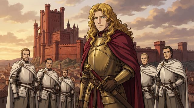Игра Престолов (Книга), Джейме Ланнистер (высокий, красивый мужчина с вьющимися волосами цвета чеканного золота и сверкающими зелёными глазами, приятные черты лица и улыбка), держит свой меч, стоит в сопровождении стражи Золотых Плащей, на фоне Красного Замка, стиль аниме с реалистичными деталями