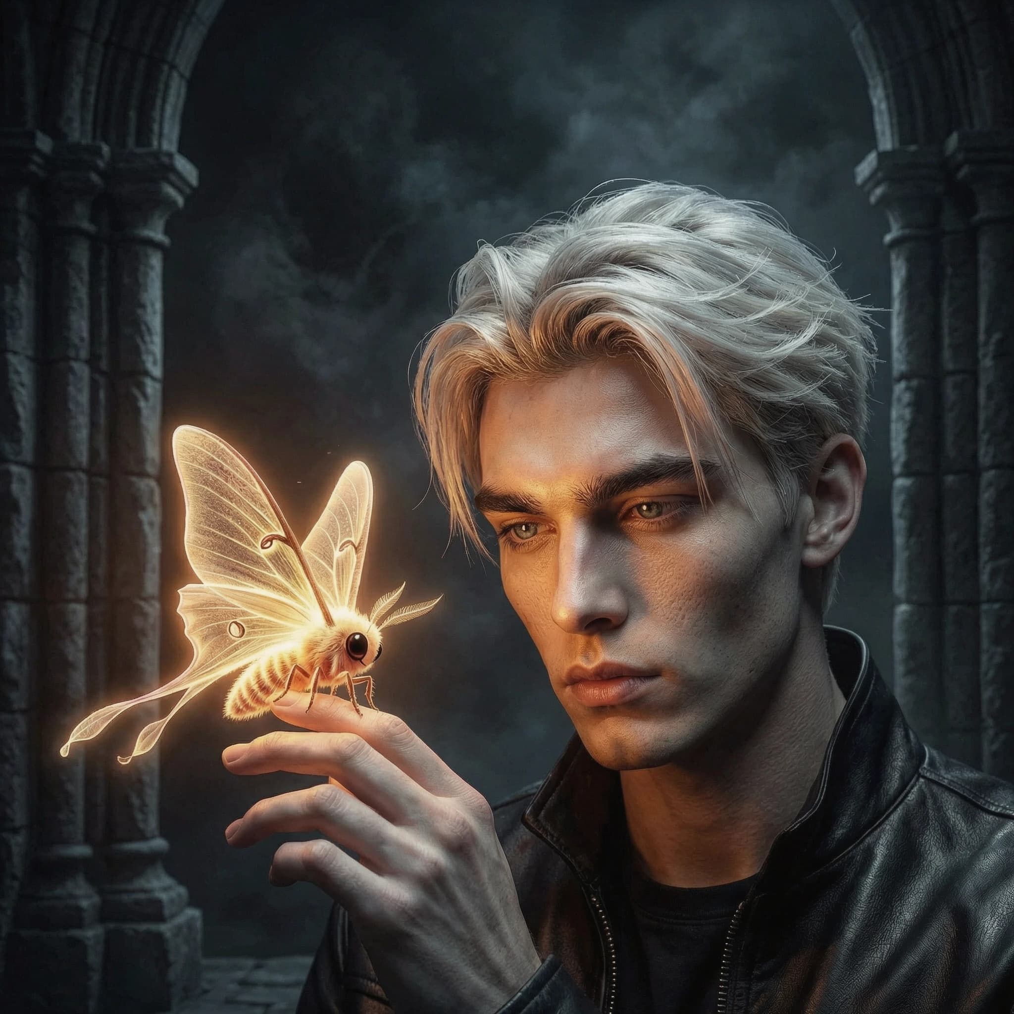 An indie-pop album cover, executed in a cinematic style, in a 1:1 aspect ratio. A close-up portrait of the same stunning young man in a black leather jacket with tousled platinum-blond hair, piercing deep gray eyes, and pale, pensive skin. He gazes at a glowing, hot neon butterfly perched on his pale hand. A dark gothic architectural backdrop, soft mysterious fog, dim atmospheric lighting. The contrast of gloomy deep shadows and the ethereal bright warm glow of the butterfly's wings. High-quality digital painting style, dark fantasy aesthetics, a perfect composition for a music release. Dark fantasy. Realism. Like a real photo. 4K. A masterpiece.