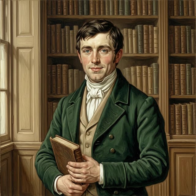 Half-body portrait of a young man, 23 years old, England, 19th century, Regency era. Simple, natural features — not ideal, not from a magazine cover, but real. Dark brown hair, calm grey-blue eyes, soft and gentle smile. Posture: stands upright, relaxed, holding a book. Looks attentively, with quiet interest. Wearing a dark green tailcoat, white shirt with a cravat, beige waistcoat, visible from the waist up. Background — a library with books: soft light, blurred shelves. Style — 19th century oil painting: thick brushstrokes, volume, living shadows, fabric texture. 8K, maximum detail, vertical composition, blurred background.