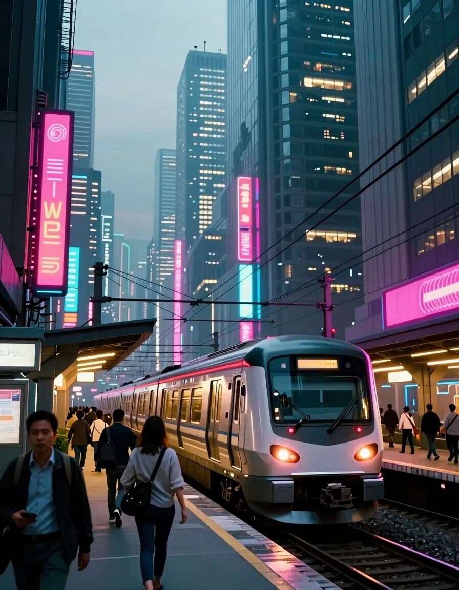 A cyberpunk-style city featuring towering skyscrapers, neon signs, and illuminated buildings, all crisscrossed by a web of wires. In the foreground, in front of the urban landscape, depict a high-tech passenger train that has arrived at the station. People hurry along the city streets, intent on their own business.