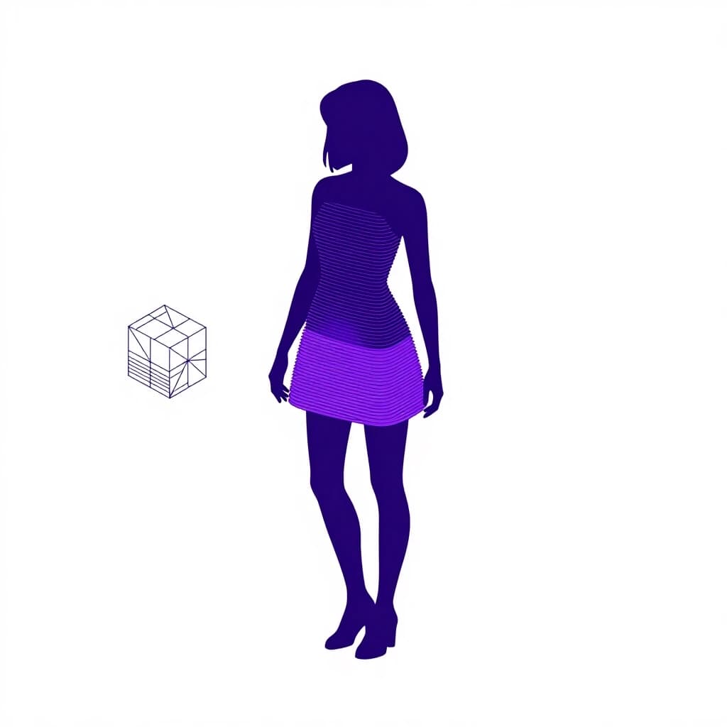 Girl silhouette made of horizontal stacked 3D printing layers, FDM layer lines, technical drawing, isometric view, floating geometric art object nearby, cyberpunk colors, clean background, vector illustration style, no text, no letters