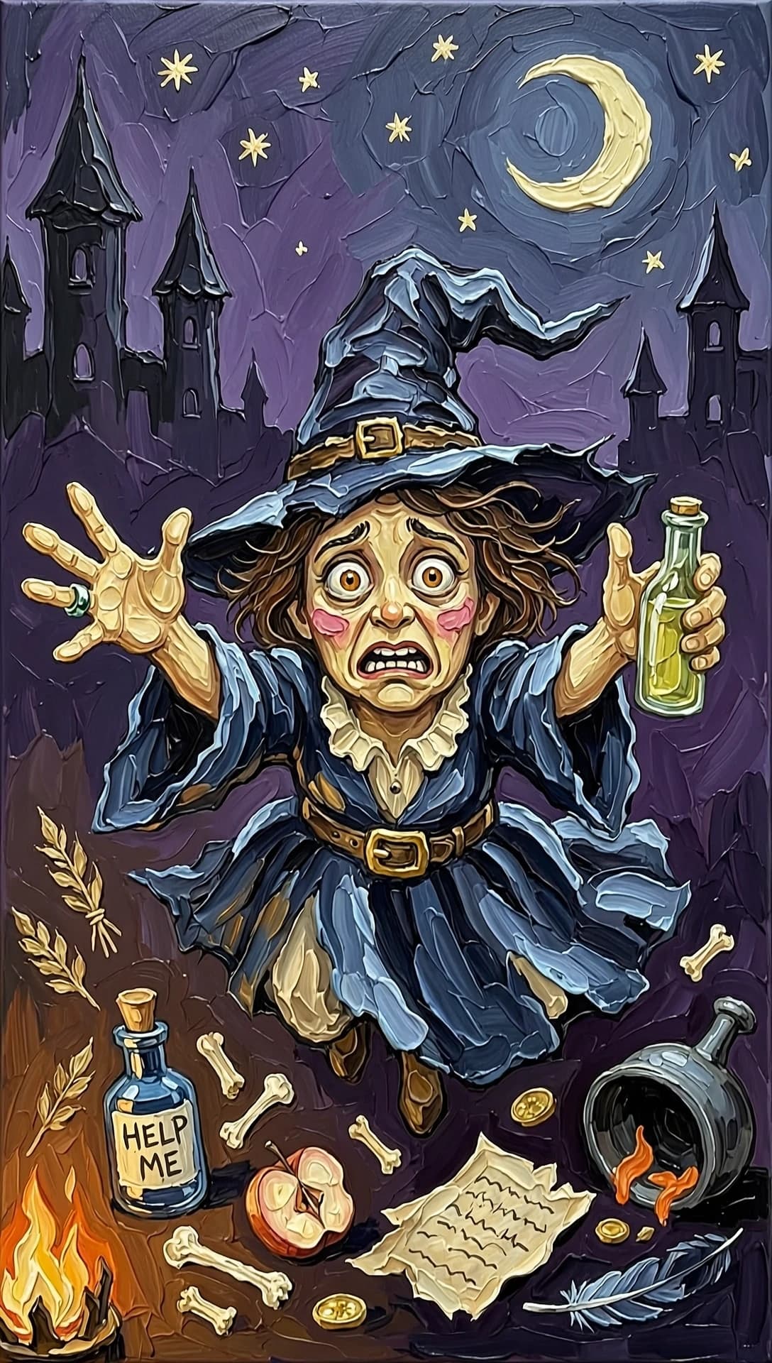 masterpiece, very aesthetic, dynamic angle, fantasy, from above, no lineart, mixed media, limited palette. The painting style is highly textured, with thick brush-like strokes and a rough gritty quality, oil painting medium, fantasy environment, a cute witch desperately and comically asking the viewer for help