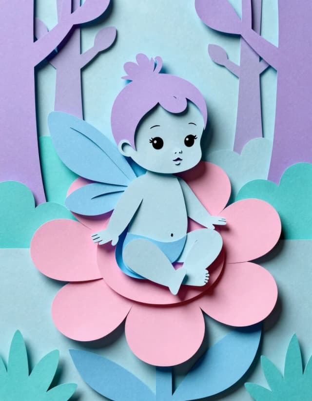 A masterpiece.  Image. Three-dimensional multi-layered paper cutout depicting a baby doll-style fairy on a flower with clear facial features and expressive eyes against a forest background, multi-layered paper work, a bright palette of lilac, pink, turquoise and shades of blue, high detail, clear edges, clear paper textures, soft shadows between layers, three-dimensional composition, 3D depth, studio lighting, author's style, 8k resolution. High detail and clear texture. High quality. Increased attention to small details. The artist is Russ Mills.