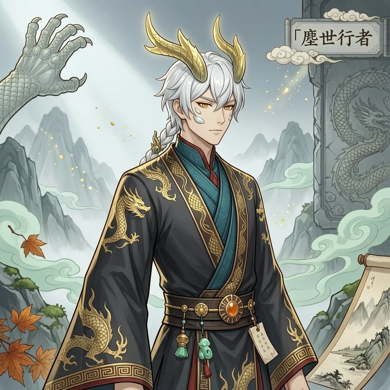 The man has horns on his head like a Chinese dragon, white hair, with 4–5 white scales on his cheeks; his hair is short and white, with one braid at the back; he is wearing a Zhong Li “mortal life” costume. drawn in style