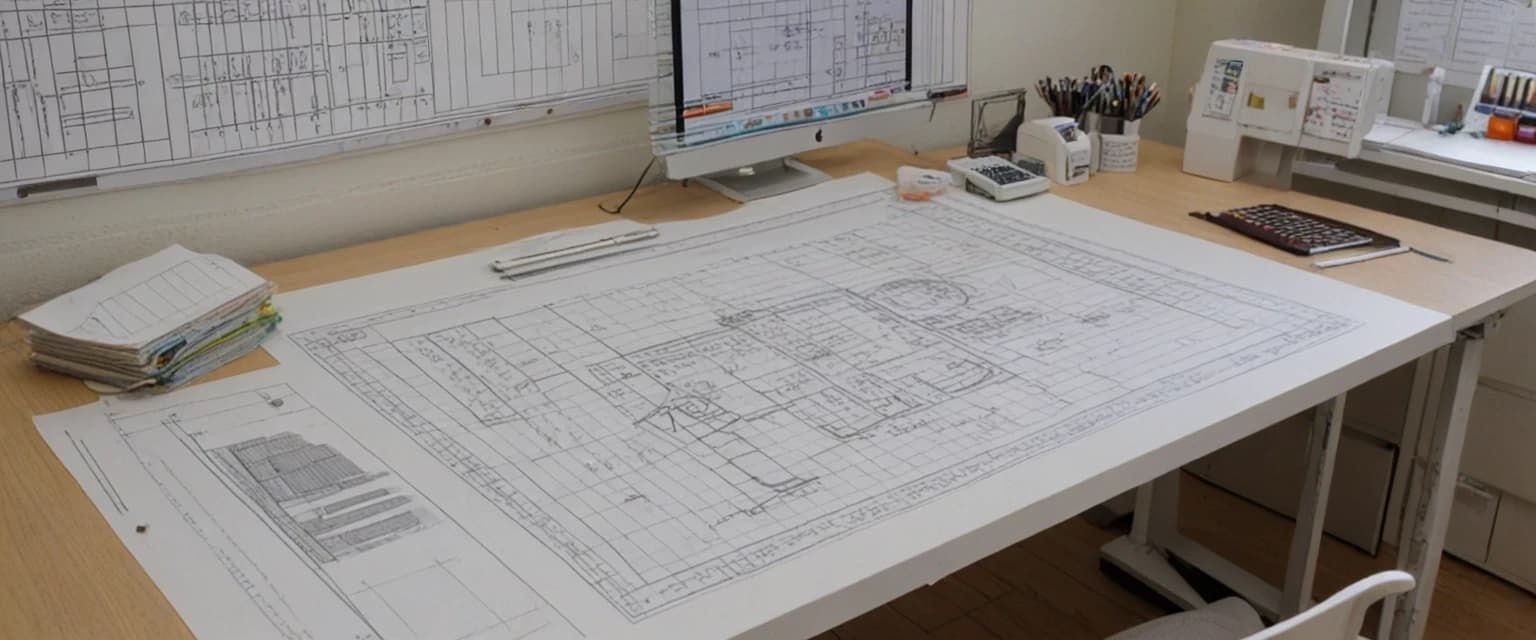 Photorealistic, frontal view of a clothing pattern design bureau. Foreground: a matte white desk with neatly arranged paper sewing patterns, transparent plastic drafting rulers (lecalas), technical flat sketches, graphite pencils, and a metal ruler. In the left corner of the desk, a modern COMPUTER with a large monitor showing CAD software displaying a 3D flattened pattern piece for a coat. Background (heavily blurred with bokeh): a metal clothing rack holding finished garment samples (a classic coat and two dresses), as well as finished paper patterns hanging on hangers. Lighting: soft directional light from the top-left (daylight, 5000K) highlighting the texture of the paper and plastic, with no glare on the monitor screen. Shallow depth of field, focus on the table with patterns and the COMPUTER.