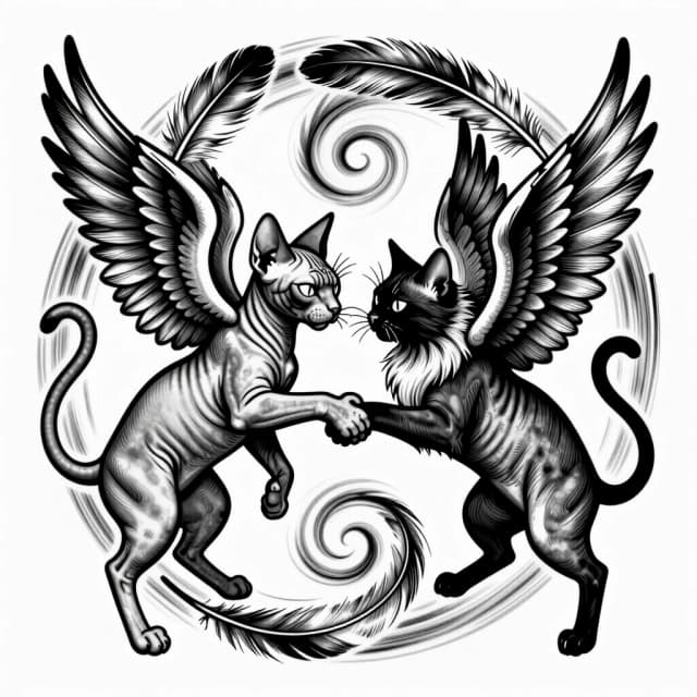 Tattoo design, engraving style. Two winged cats circling each other in a chaotic dance, noses almost touching, wings spread creating a vortex of feathers and membranes. The Sphynx extends a paw for a handshake, the fluffy cat flicks its nose at that exact moment. Trickster dynamic, black and white etching, spiral composition, fine lines, cross-hatching.