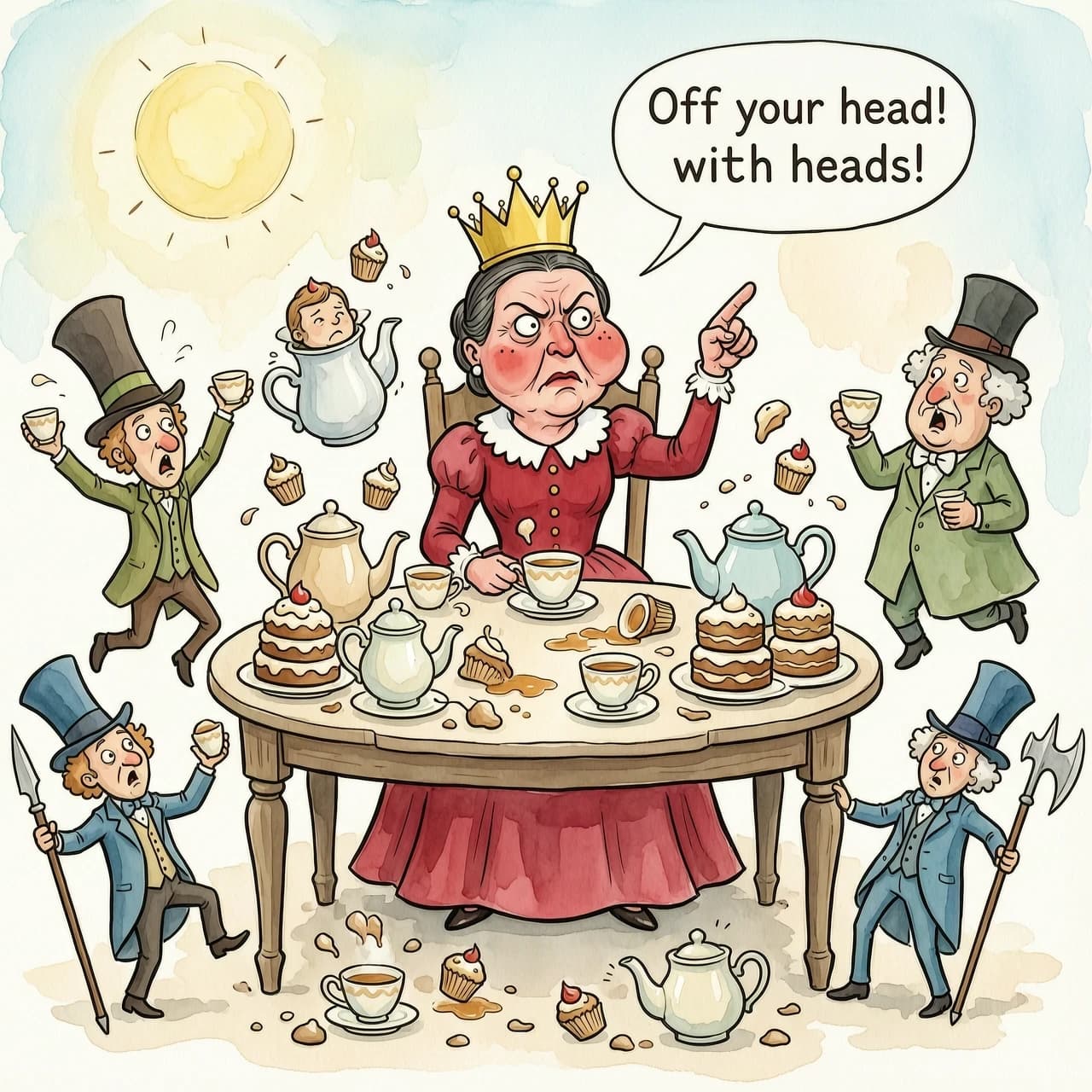 (masterpiece:1.8, acrylic painting:1.5, best quality:1.6, ultra-detailed:1.6). A bizarre and funny image (of the Queen of Hearts), who, sitting at a crazy tea table, angrily exclaims: "Off your head!' (Off with their heads!). The reason for her anger may have been a bad croquet game or too much sugar in her tea. (She's sitting at the head of a table strewn with ridiculous teapots and mountains of cakes, her crown slightly askew.) The Queen's face is red with annoyance, with puffed cheeks and wide-open eyes that look more offended than truly angry. (She points her finger with such effort that she looks like she's about to knock over her tea).
(Around her are the Hatter and the March Hare, who comically jump up and down in "fright," but at the same time try to hold on to their cups and cupcakes. Sonya may have poked her head out of the kettle, clearly annoyed by the noise. The card guards nearby may be awkwardly retreating, tripping over table legs or dropping their halberds). The tea table is a mess of flying cupcakes, spilled tea, and tumbling teacups.
The lighting is light and airy, creating a light, almost pastel mood. The overall atmosphere is a light, funny mess, where the Queen's anger is more of a familiar but theatrical act. Detailed watercolor or pastel illustration, playful composition, soft but saturated colors, light strokes, digital painting. Inspired by Quentin Blake's dynamic illustrations and Mary Blair's vibrant style.