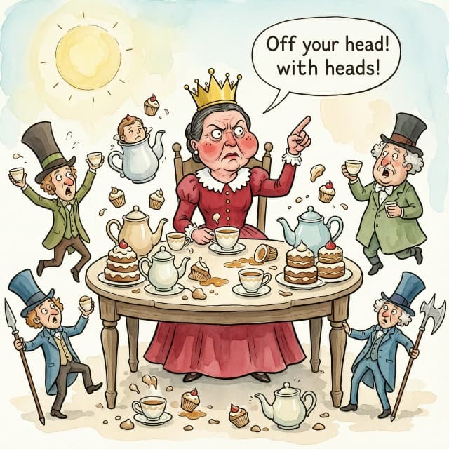 (masterpiece:1.8, acrylic painting:1.5, best quality:1.6, ultra-detailed:1.6). A bizarre and funny image (of the Queen of Hearts), who, sitting at a crazy tea table, angrily exclaims: "Off your head!' (Off with their heads!). The reason for her anger may have been a bad croquet game or too much sugar in her tea. (She's sitting at the head of a table strewn with ridiculous teapots and mountains of cakes, her crown slightly askew.) The Queen's face is red with annoyance, with puffed cheeks and wide-open eyes that look more offended than truly angry. (She points her finger with such effort that she looks like she's about to knock over her tea).
(Around her are the Hatter and the March Hare, who comically jump up and down in "fright," but at the same time try to hold on to their cups and cupcakes. Sonya may have poked her head out of the kettle, clearly annoyed by the noise. The card guards nearby may be awkwardly retreating, tripping over table legs or dropping their halberds). The tea table is a mess of flying cupcakes, spilled tea, and tumbling teacups.
The lighting is light and airy, creating a light, almost pastel mood. The overall atmosphere is a light, funny mess, where the Queen's anger is more of a familiar but theatrical act. Detailed watercolor or pastel illustration, playful composition, soft but saturated colors, light strokes, digital painting. Inspired by Quentin Blake's dynamic illustrations and Mary Blair's vibrant style.