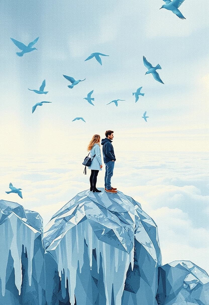 .Polygonal pattern on canvas, scroll, angular bold lines, stencil watercolor. Vertical view from above. Rock plateau covered with icy long transparent stalagmites.
Female and male silhouettes stand in profile on a cliff. Global perspective. Horizon. Glass birds above the sea, clouds + female and male silhouettes, glass birds in the sky, minimalist palette.