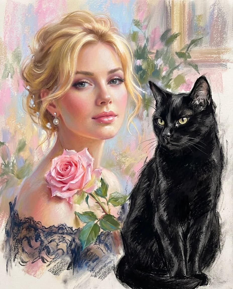 A real masterpiece. How artificial intelligence would depict: ((Aesthetics: Impressionism. An image of a glamorous blonde with a rose, made in pastel technique, and next to it sits a black cat, painted with black charcoal)). Close-up. High resolution. High quality. Increased attention to small details. Hyperrealistic style of surrealism, impressionism. Increased attention to the smallest details and texture of blonde hair and the brightly outlined black charcoal of a black cat. The author is Auguste Renoir, Vrubel.