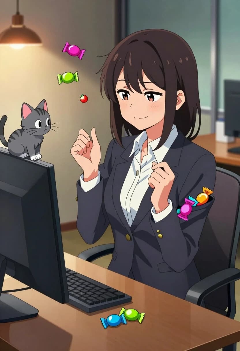 Anime style, seinen/josei aesthetic, clean line art, soft but saturated colors, strong chiaroscuro. A young office worker in a smart blazer and skirt sits at her desk, pretending to be focused on her computer screen. Her hidden habit: she keeps sneaking small, colorful candy wrappers into her sleeve and then pretending they were never there. In this frame, she’s caught mid‑motion — one hand quickly sliding another candy into her sleeve, the other hand frozen in a “who, me?” gesture. Her expression is a mix of guilty innocence and mischief: one eyebrow raised, a tiny smirk, eyes sparkling. The kitten — a tiny, fluffy grey one — is perched on the edge of her monitor, watching her with a knowing look, as if keeping her secret. The background is a softly blurred office with warm desk lamp light creating a cozy pool of illumination, while the rest of the room fades into moody shadows. Floating candy wrappers in the air add a sense of motion and whimsy. Color palette: warm amber and teal with pops of candy colors (lime green, magenta, sky blue). Mood: cozy, ironic, relatable, with a touch of mischief.