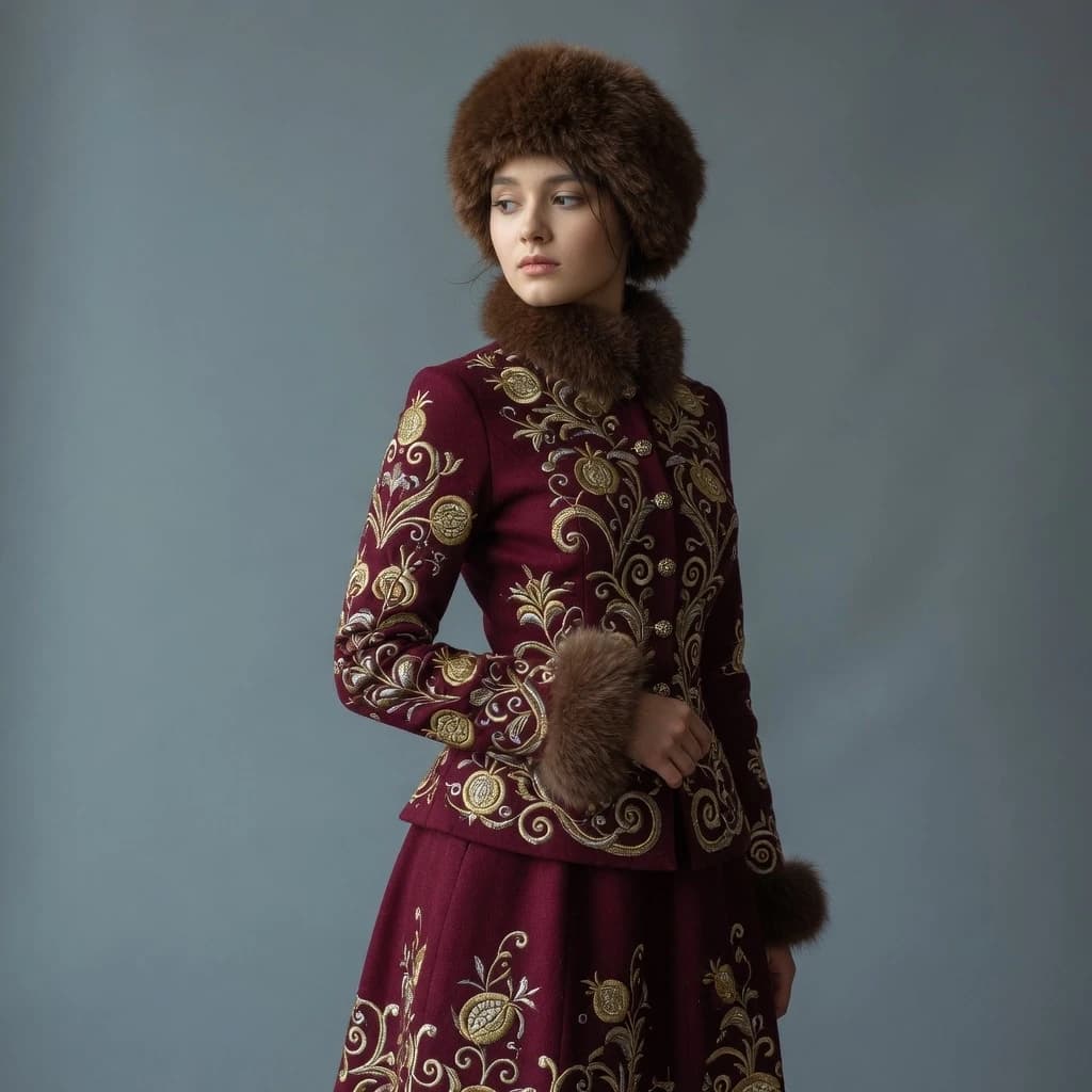 Portrait of a 22-year-old young woman, in an elegant historical costume, standing three-quarters view and looking into the distance with a slight expression of thoughtfulness. She is wearing a luxurious, fitted burgundy jacket with a high collar and a long skirt, decorated with rich gold and silver embroidery in the form of floral ornaments and intricate patterns. The sleeves and collar are trimmed with fluffy fur, and the jacket features delicate metal buttons. The woman's head is adorned with a voluminous, fluffy hat made of thick brown fur. She is captured against a neutral, solid gray-blue background that does not distract from the detail of the outfit. The lighting is soft, studio-like, directed from the side, creating delicate shadows and emphasizing the texture of the fur, the shine of the embroidery, and the facial features. The color palette is restrained and noble, consisting of rich brown and muted gold. The shot is made in the style of high-quality fashion photography with clear detailing of fabrics, creating an atmosphere of aristocracy, historical drama, and refined luxury.