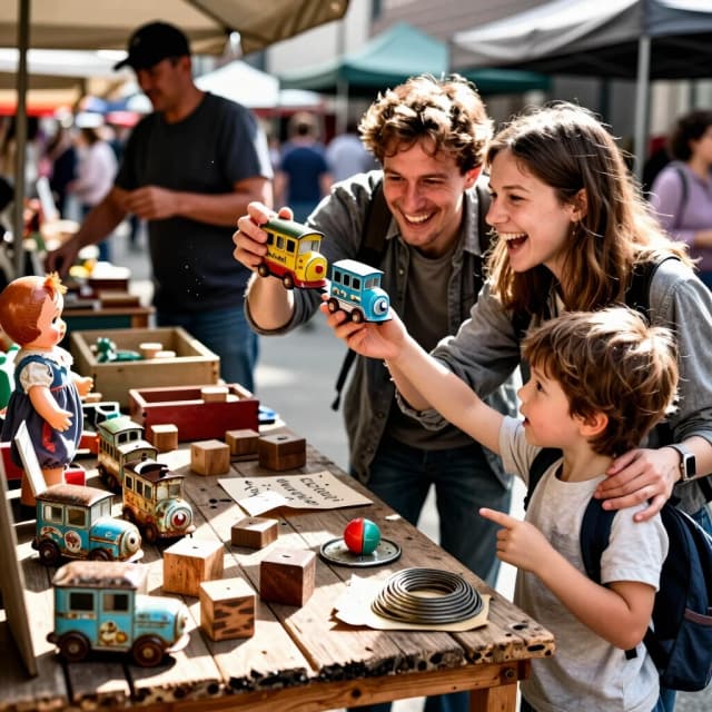 Realistic street‑photo style, 50mm lens, f/2.8, bright daylight with soft shadows and sharp highlights. A weathered wooden market stall at a bustling flea market displays a mix of old toys and gadgets: a row of tin toys (car, train, mechanical clown) with rust and patina; a small heap of wooden blocks and a worn plastic figure; a cloth doll propped against a crate; and among them, a Tamagotchi, a “Ну, погоди!” game, a yo‑yo, a slightly bent metal spinner, and a loosely coiled Slinky. A handwritten price sign and a few faded paper tags sit beside the items.

In the foreground, a young couple—the parents—are caught in a joyful, spontaneous moment: the dad holds up the tin train, making a playful “choo‑choo” motion, while the mom laughs and picks up the Tamagotchi, pretending to “feed” it with a smile. Their expressions are full of delight, eyes sparkling with nostalgia. They’re dressed casually, in comfortable weekend clothes, slightly rumpled from the day’s walk.

Just beside them, their little child—about 4–5 years old—tugs gently at the mom’s sleeve, pointing with the other hand toward the next stall, eager to keep exploring. The child’s face is a mix of impatience and excitement, a small backpack bouncing slightly with the movement.

Sunlight cuts through gaps in the awning, creating sharp highlights on the metal toys and deep, rich shadows in the wood grain of the stall. Behind the family, the market continues: other stalls, blurred figures of shoppers, a hint of movement and chatter. A blurred figure of the vendor stands near the back of the stall, observing the happy scene with a small, warm smile.

The composition feels candid and alive—like a fleeting, perfect moment captured mid‑day. High attention to textures: peeling paint on the tin toys, oxidized metal with fine rust patterns, frayed fabric of the doll, worn plastic with tiny scratches, rough wood grain of the stall and blocks. Dust motes float in the sunbeams, adding to the sense of warmth and authenticity.

Mood: joyful, nostalgic, full of life—a family rediscovering simple pleasures amid the treasures of the past.

Keywords: flea market stall, vintage toys display, family moment, playful nostalgia, realistic textures, daylight contrasts, authentic atmosphere, mixed toy types, tactile details, candid emotion, sense of movement.