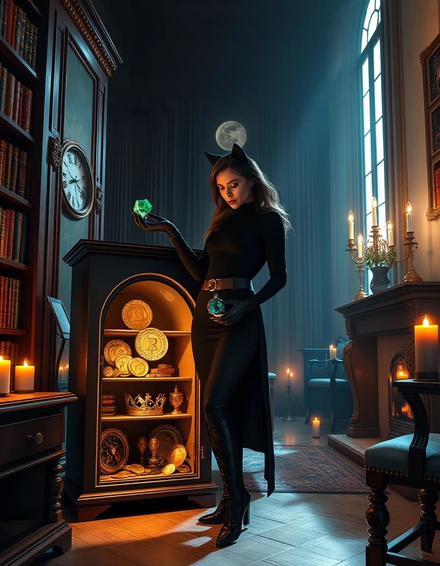 Selina Kyle stands inside a luxurious private library late at night. She has opened an antique safe hidden behind a bookshelf. Inside the safe are gold coins, precious gemstones and an ancient crown. Catwoman holds a magnificent emerald in one hand, examining it carefully. Behind her are towering bookshelves, an antique clock, a marble fireplace and burning candles. Moonlight enters through a tall window, creating a silver beam across the floor. Elegant atmosphere of a secret heist, intellectual intrigue and luxury. Photorealistic, cinematic staging, deep shadows, highly detailed, vertical composition.
