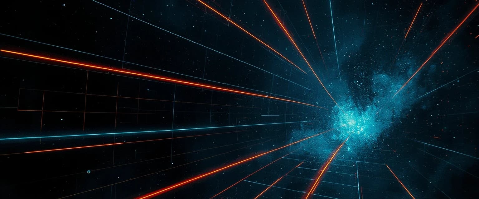 Futuristic sci-fi banner background, dark digital space, glowing neon orange and cyan geometric grid lines, Tron aesthetic, subtle tech particles, cinematic lighting, ultra-detailed, 8k, aspect ratio 16:9 --ar 16:9