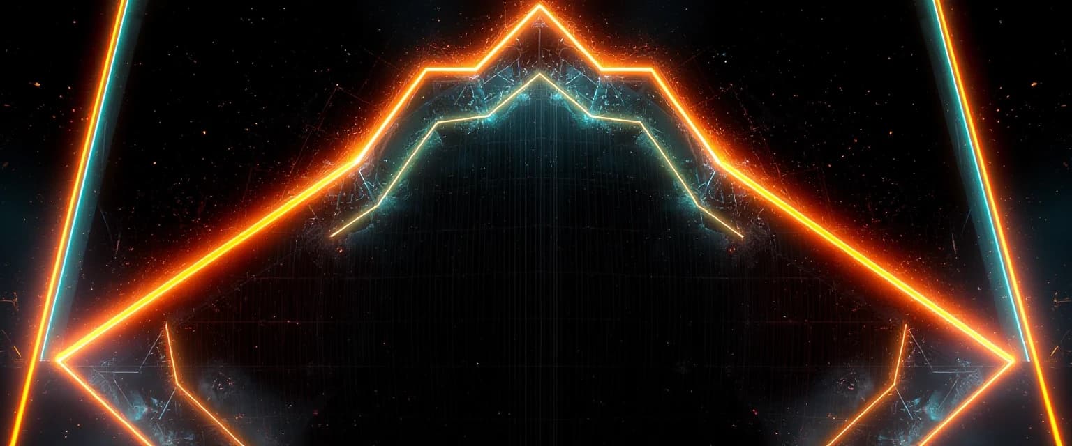 Futuristic sci-fi banner background, dark digital space, glowing neon orange and cyan geometric grid lines, Tron aesthetic, subtle tech particles, cinematic lighting, ultra-detailed, 8k, aspect ratio 16:9 --ar 16:9