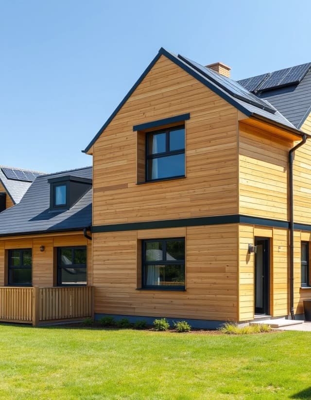 Vertical architectural photography, 3:4 aspect ratio, modern two-story frame house, light wood facade with black metal accents, solar panels on the roof, green lawn, sunny day, sharp focus.
