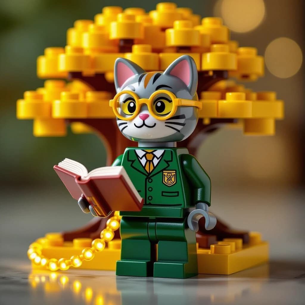Professional 3D macro photography of a collectible stylized plastic building block minifigure. 
CHARACTER: Anthropomorphic Scholar Cat with small round golden spectacles printed on the face. Wearing a detailed dark-green academic vest print. 

ACCESSORIES & SCENE: 
1. Holding a tiny open plastic book.
2. A glowing translucent neon-gold plastic chain wrapped around the figure's base.
3. BACKGROUND: A large stylized Golden Oak tree built from glossy yellow and gold plastic blocks, soft bokeh blur.

BODY ANATOMY: Authentic toy proportions, cylindrical head with cat-ear headpiece and top-stud, U-shaped pincer hands, blocky torso, articulating short legs, curved plastic tail attachment.
SURFACE & MATERIAL: High-gloss reflective ABS-plastic texture, subtle mold lines, crisp silk-screen printed details, subsurface scattering on the plastic for premium toy look.
LIGHTING & RENDER: Cinematic rim light from the glowing chain, Octane Render, 8k, sharp focus on the figure, Ray Tracing reflections on the gold elements.

STAGE: Standing on a dark-green plastic baseplate. 
SECURITY: With a translucent semi-transparent digital watermark "COPYRIGHT" overlaying the center of the composition.
Используйте код с осторожностью.Что изменилось в «движке»:Светящаяся цепь: Прописана как translucent neon-gold plastic — это создаст эффект дорогого полупрозрачного пластика, который «светится» изнутри.Золотой дуб: Указано, что он собран из yellow and gold plastic blocks. Это важно, чтобы дерево не выглядело настоящим, а казалось частью набора конструктора.Освещение: Добавлен cinematic rim light от цепи, чтобы золотые блики красиво ложились на мордочку кота.Попробуй запустить этот промт. Если результат покажется слишком ярким, можем приглушить свечение цепи или сделать дуб более схематичным.Какого следующего персонажа из сказок превратим в фигурку?В ответах искусственного интеллекта могут быть ошибки. Подробнее
