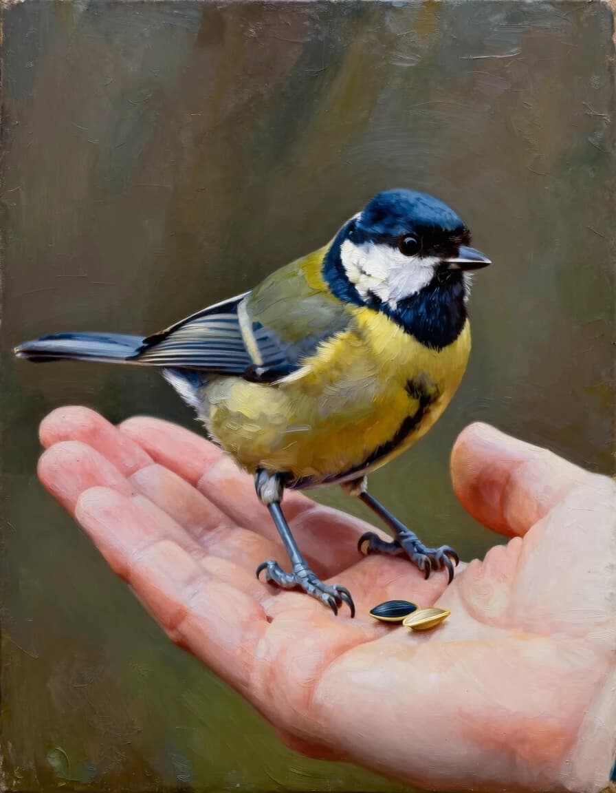 A masterpiece. Style: oil painting. (Image. How artificial intelligence imagines a titmouse bird in the palm of a human hand. A few seeds next to it):1.8. Intense close-up.  High quality. High resolution. Increased attention to fine details and texture. The artist is Russ Mills.