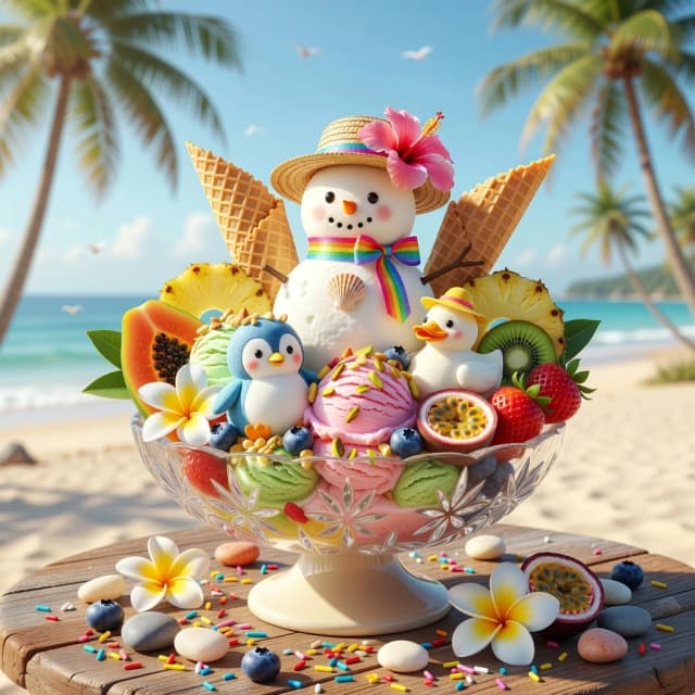 A bright, photorealistic 3D rendering of a tropical dessert in a transparent crystal carved on a creamery leg on a wooden table against the background of the beach. In the center stands a cute round snowman in a straw hat decorated with a pink hibiscus flower, a rainbow ribbon and a seashell. There are two large waffle cones behind the snowman. There are ice cream balls in the bowl: blue in the shape of a cute little penguin, white with a duck beak and a tiny yellow hat, pink and green with pistachios, sprinkled with nuts and blueberries. The ice cream is decorated with fresh tropical fruits: papaya, pineapple slices, kiwi, strawberries, passion fruit and plumeria flowers. Colorful sprinkles and smooth beach pebbles are scattered on the wooden surface. The background shows a blurred tropical beach with palm trees, bright blue sky and ocean. Style: whimsical, in the spirit of summer, over-detailed, bright sunlight, tropical paradise, 8k resolution, cinematic composition.