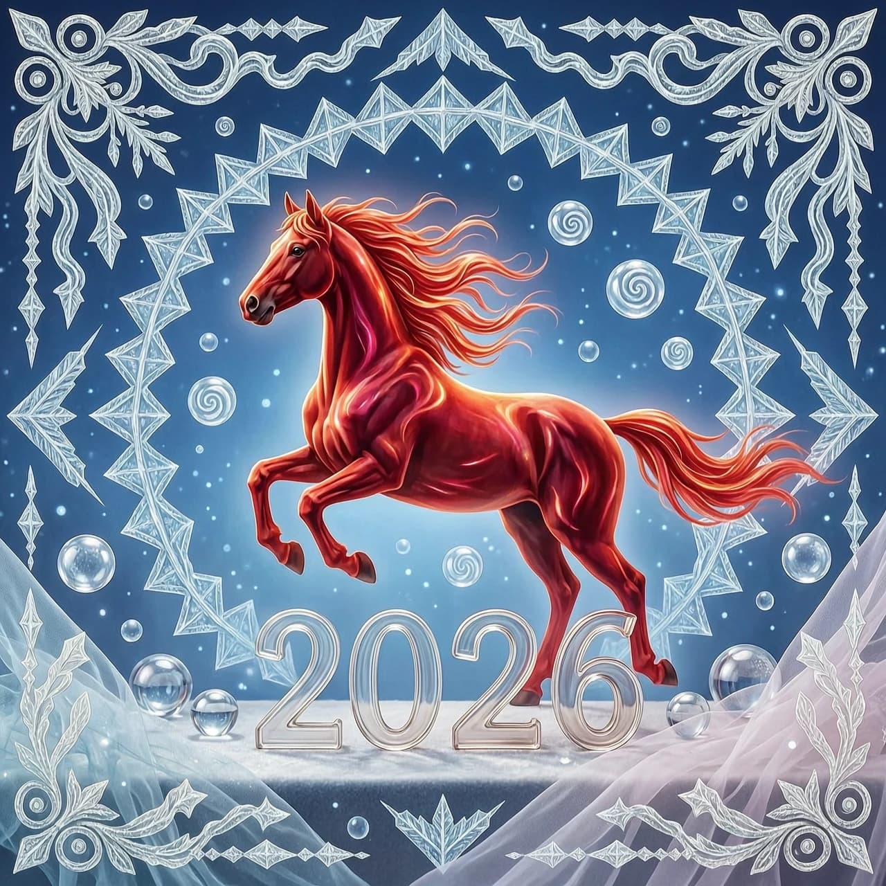 In the double exposure style. An ephemeral mythical creature in the form of a beautiful scarlet fiery horse with a long wavy mane collects the word "2026" from glass letters. In a jump. Background: bright blue night sky with grandiose continuous ornamental frosty patterns, zigzags, spirals of frost. Needles, transparent glass balls, silk, tulle. 
In the "Glitter" style: magical realism, natural symphony, shapes dissolve into color, lines flow like water, translucent layers with a watercolor texture, intricate ornaments at the corners of the composition.
Iridescence, lace, entourage, fantastic plot, New Year's tale, magic, whimsicality, originality. High detail, cinematic lighting, solemn festive atmosphere, realistic.