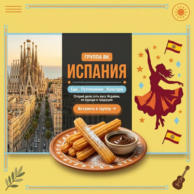 Обложка вконтакте для группы тема испания: еда, путешествия, культура. Используй фото Барселоны, чурроса с шоколадом, фламенко
Цвета ПАЛИТРА (Точные HEX-коды)
Цвет	HEX	Где используем
Лимонный	#F9DC5C	Основной фон постов, акценты, кнопки, выделение текста
Апельсиновый	#F4A261	Заголовки, иконки, рамки, призывы к действию (CTA)
Белый	#FFFFFF	Фон для текста, подложки, чистые зоны
Небесно-голубой	#A8DADC	Второстепенные акценты, подложки для цитат, ссылки
Размер: 1920х768 пикселей