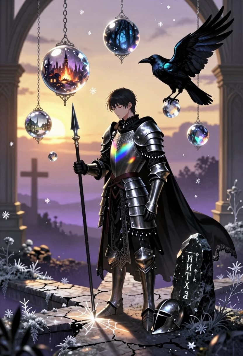 Gothic anime fantasy art, highly detailed, photorealistic rendering with ethereal atmosphere. A young bogatyr stands at a mystical crossroads, his heavy armor replaced with elegant, dark fantasy plate: black steel with silver filigree, a cloak of sheer black fabric edged with lace and tiny crystal beads. His helmet rests on the ground beside him, revealing a face of quiet resolve — eyes closed for a moment, as if listening to the wind. He holds a lowered spear; its tip touches the cracked earth, creating a tiny web of light.

The prophecy stone is no longer a rough boulder, but a polished black monolith with glowing Cyrillic runes etched in silver. Around it float several large crystal spheres of varying sizes, suspended in the air by delicate silver chains and filigree. Inside each sphere is a possible future: one shows a burning city, another a peaceful village, a third a dark forest with glowing eyes. The spheres refract the light, casting prismatic rainbows across the bogatyr’s armor and the ground.

A raven perches gracefully on the edge of the stone, its feathers glossy black with iridescent blue-green highlights. It doesn’t look ominous — rather, it’s a solemn witness to the choice, tilting its head as if waiting for a decision. Tiny snowflake-like motes drift in the air, catching the light.

Background: a surreal crossroads in a twilight landscape. The paths are made of cracked stone slabs, overgrown with silver moss and delicate frost flowers. In the distance, the horizon fades into a hazy violet mist. To one side, a tall, arched window frame (like a cathedral ruin) frames the setting sun, pouring warm golden light into the scene. The contrast between the warm sunset and the cool crystal tones creates a dramatic chiaroscuro.

Color palette: deep black, charcoal, and violet for the armor and shadows; warm gold, amber, and pale orange for the sunset; cool crystal tones of clear glass, pale blue, and silver; subtle iridescent highlights on the raven’s feathers. Mood: solemn choice, fragile fate, epic beauty, quiet tension.

Technical: hyper-detailed textures — individual lace threads, crystal facets, feather barbs, moss strands; volumetric lighting with strong rim light on the bogatyr and the spheres; caustic light patterns on the ground and armor from the crystal refraction; soft bokeh background with sharp focus on the bogatyr, the stone, and the spheres; floating motes and dust particles for atmosphere; subtle lens flare from the sunset; wet-on-wet blending for the atmospheric haze.