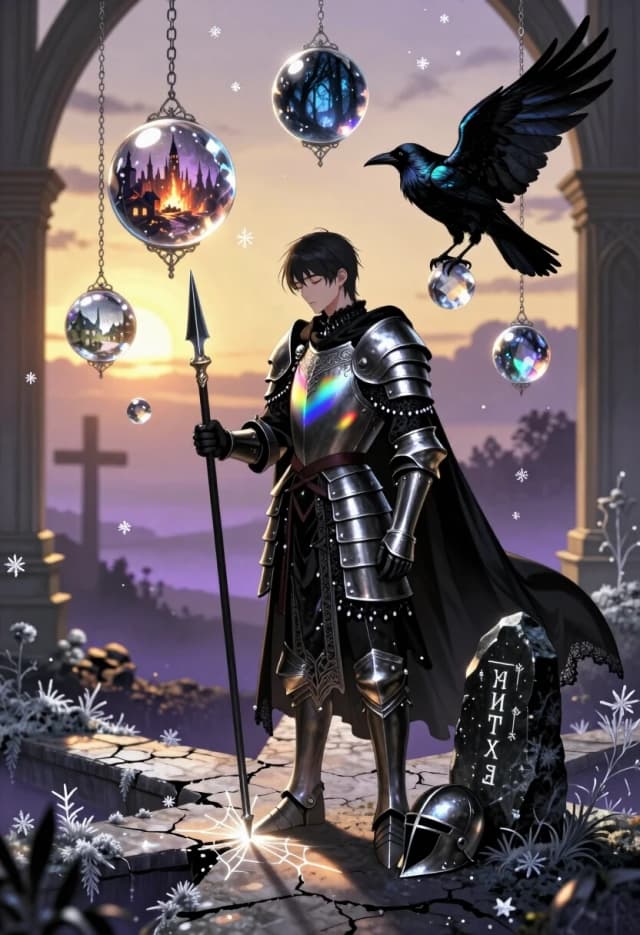 Gothic anime fantasy art, highly detailed, photorealistic rendering with ethereal atmosphere. A young bogatyr stands at a mystical crossroads, his heavy armor replaced with elegant, dark fantasy plate: black steel with silver filigree, a cloak of sheer black fabric edged with lace and tiny crystal beads. His helmet rests on the ground beside him, revealing a face of quiet resolve — eyes closed for a moment, as if listening to the wind. He holds a lowered spear; its tip touches the cracked earth, creating a tiny web of light.

The prophecy stone is no longer a rough boulder, but a polished black monolith with glowing Cyrillic runes etched in silver. Around it float several large crystal spheres of varying sizes, suspended in the air by delicate silver chains and filigree. Inside each sphere is a possible future: one shows a burning city, another a peaceful village, a third a dark forest with glowing eyes. The spheres refract the light, casting prismatic rainbows across the bogatyr’s armor and the ground.

A raven perches gracefully on the edge of the stone, its feathers glossy black with iridescent blue-green highlights. It doesn’t look ominous — rather, it’s a solemn witness to the choice, tilting its head as if waiting for a decision. Tiny snowflake-like motes drift in the air, catching the light.

Background: a surreal crossroads in a twilight landscape. The paths are made of cracked stone slabs, overgrown with silver moss and delicate frost flowers. In the distance, the horizon fades into a hazy violet mist. To one side, a tall, arched window frame (like a cathedral ruin) frames the setting sun, pouring warm golden light into the scene. The contrast between the warm sunset and the cool crystal tones creates a dramatic chiaroscuro.

Color palette: deep black, charcoal, and violet for the armor and shadows; warm gold, amber, and pale orange for the sunset; cool crystal tones of clear glass, pale blue, and silver; subtle iridescent highlights on the raven’s feathers. Mood: solemn choice, fragile fate, epic beauty, quiet tension.

Technical: hyper-detailed textures — individual lace threads, crystal facets, feather barbs, moss strands; volumetric lighting with strong rim light on the bogatyr and the spheres; caustic light patterns on the ground and armor from the crystal refraction; soft bokeh background with sharp focus on the bogatyr, the stone, and the spheres; floating motes and dust particles for atmosphere; subtle lens flare from the sunset; wet-on-wet blending for the atmospheric haze.