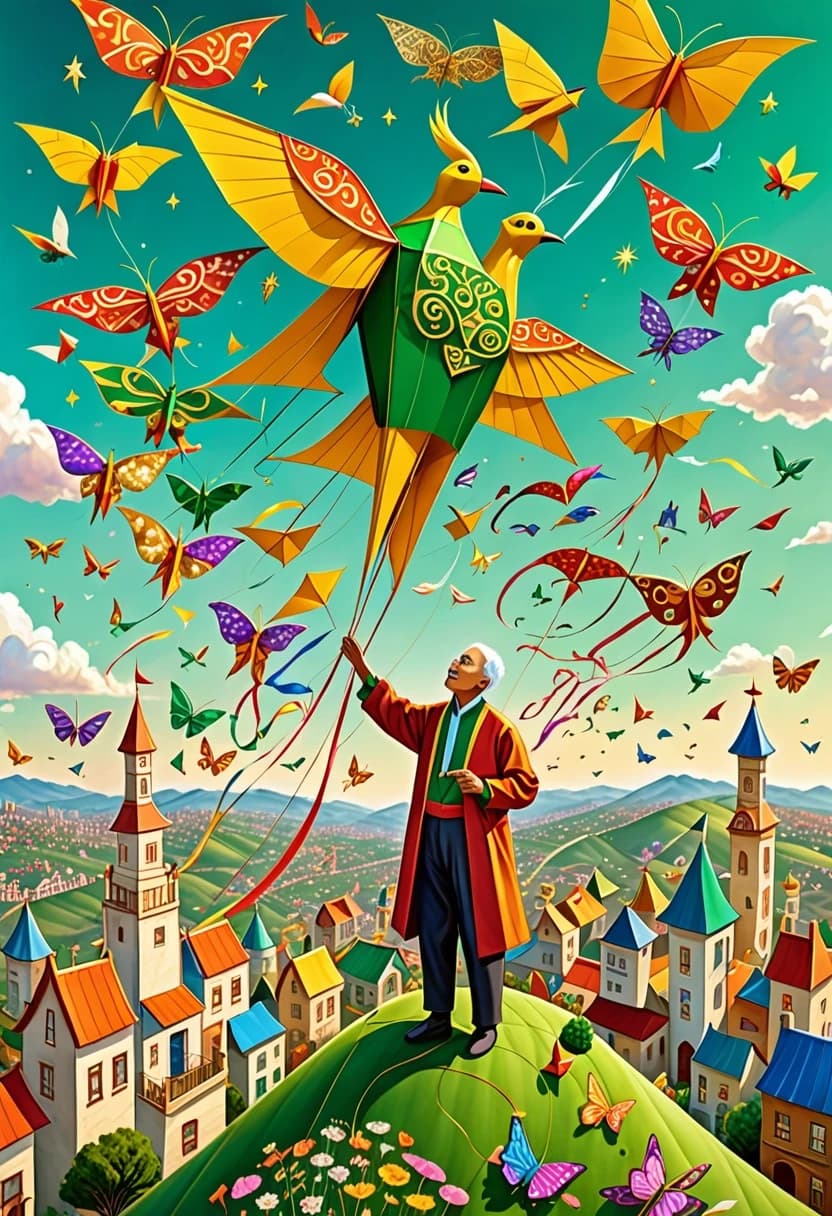 A fantastical master kite maker stands on top of a green hill surrounded by enormous floating creations. He is building an extraordinary golden bird-shaped kite decorated with delicate patterns and shimmering ribbons. Hundreds of tiny kites resembling butterflies, fish, birds and stars fill the sky around him. Below the hill lies a magical town with towers, gardens and colorful rooftops. The sky glows with golden-pink sunset light. Enchanting atmosphere, wonder, freedom and dreams coming true. Fantasy realism, incredible detail, grand scale, vertical composition.