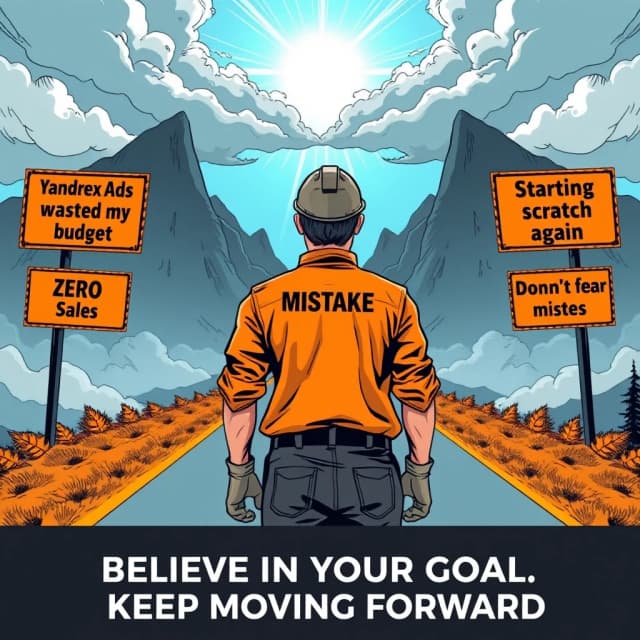 "A rugged man in work clothes stands with his back to the viewer, looking at the horizon. Behind him is a long, winding road leading into the mountains, surrounded by signs with text: 'Mistake,' 'Yandex Ads wasted my budget,' 'Zero Sales,' 'Starting from scratch again.' Storm clouds loom above, but a ray of sunlight breaks through, illuminating the path forward. Below, three bold captions read: 'DON'T FEAR MISTAKES,' 'BELIEVE IN YOUR GOAL,' 'KEEP MOVING FORWARD.'
Style: comic book art, bold lines, high-contrast colors (blue, orange, gray). Inspired by American comics and graphic novels. Format: vertical for VK posts."