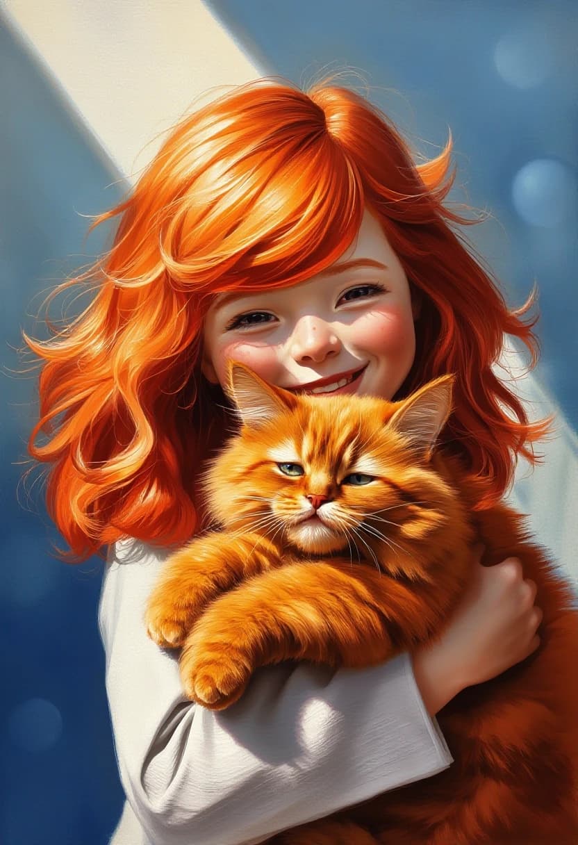 A cheerful red-haired girl holds a big red cat in her arms, hugging it. The girl has fluffy bright red hair, a freckled face, the sun's rays play in her hair, emphasizing its volume. The cat's face is crazy. Sunlight from above and from the side, diffused, blue diffused shadows on the girl and the cat. Abstract background, blurry light spots. Exquisite detailing, a masterpiece, oil painting, soft transitions, pure colors of the solar spectrum. art by Valentin Serov, Zinaida Serebryakova.