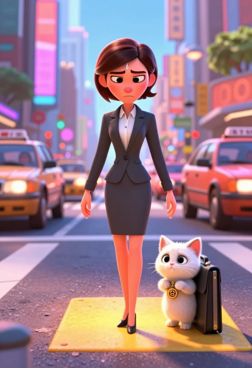 3D-rendered cinematic animation style, Pixar-level lighting, vibrant saturated colors, high-end octane render. A confident, sharp-dressed businesswoman in a power suit stands in the middle of a bustling, hyper-detailed city intersection at rush hour — cars, pedestrians, and neon signs all moving in fast motion blur. But time seems to slow around her: she’s performing her secret habit. Every time she steps on a yellow tile of the pavement, she does a tiny, precise pirouette — just a quarter-turn, barely noticeable to anyone else. Her face is stone-cold serious, as if this is a matter of life and death, not a quirky ritual. The contrast between her stern, professional demeanor and this childish, hidden compulsion is the joke. Close-up on her face shows a single bead of sweat and a flicker of panic when she sees a yellow tile coming up. The kitten — a tiny, fluffy white one — is tucked into her oversized briefcase, peeking out with wide eyes, as if he’s the only one who knows her secret. He’s holding a miniature lucky charm in his paws. Volumetric lighting, rim light on the woman’s silhouette, soft glow on the kitten. Mood: comedic tension, hidden vulnerability, high energy.