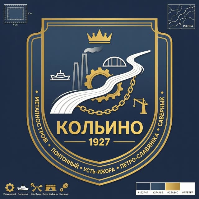 эмблема города Колпино, включающая в себя символику или названия сопутствующих поселений: Металлострой, Понтонный, Усть-Ижора, Петро-Славянка, Саперный. Лаконичный современный логотип, сочетание элементов промышленности, рек и истории, в едином стиле.