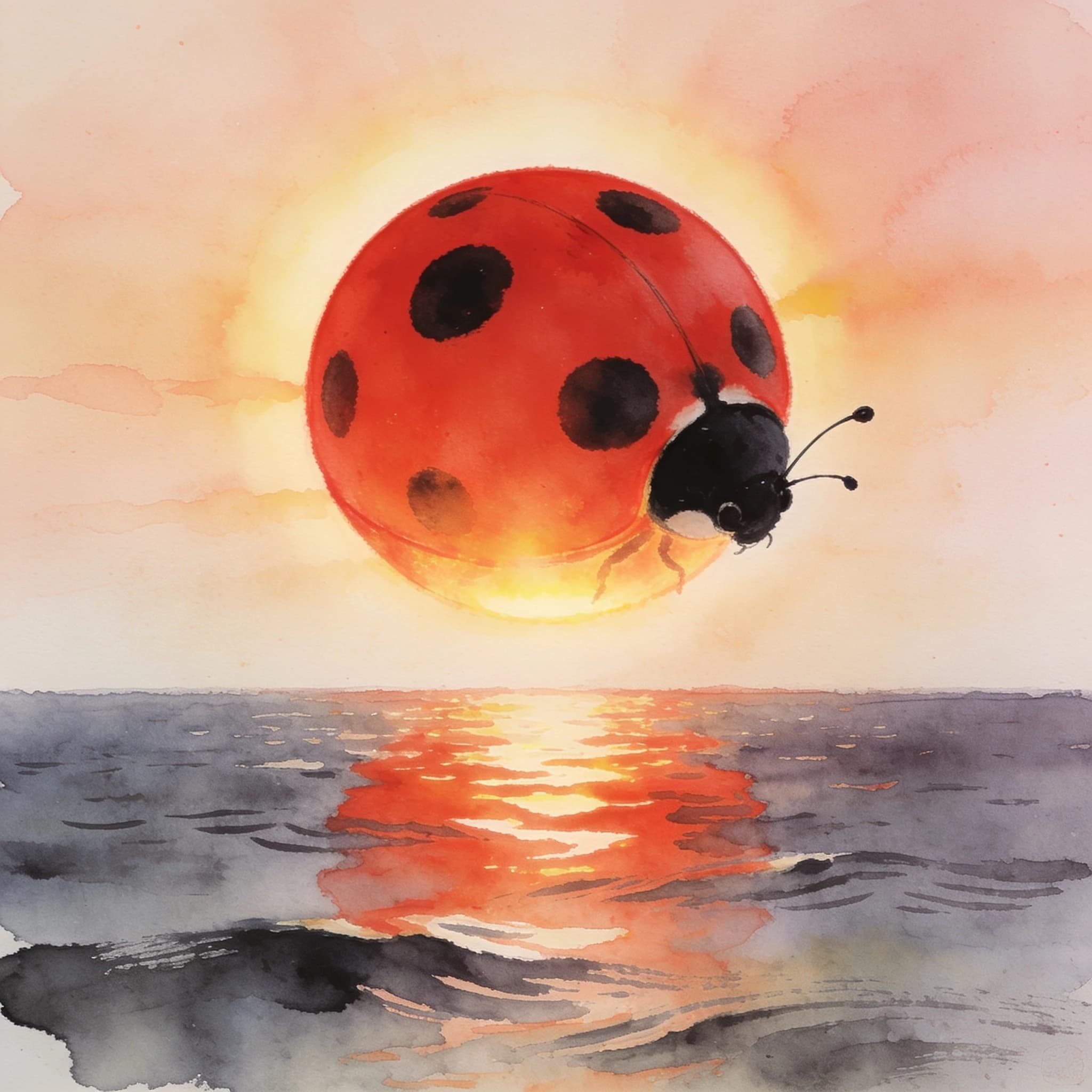 Watercolour and ink wash painting style, surreal red sunrise. The sun is a large glowing red orb designed to closely resemble a ladybird — bright red domed shell with large black spots, a black head section with antennae — while keeping a strong sun-like radiance and a warm glowing halo, reflected in a calm sea below.