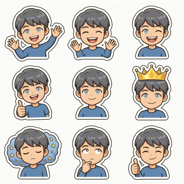 Sticker sheet featuring a 3x3 grid of 9 distinct stickers of the character from the uploaded photo, maintaining absolute facial identity: exact eyes, nose, lips, jawline, hairstyle, age, and body proportions. Visual style: high-quality 2D vector cartoon sticker art, clean lines, polished Telegram sticker aesthetic, vibrant colors, and smooth shading. The character has light gray eyes. Each of the 9 stickers must feature a unique pose, head tilt, hand gesture, and exaggerated facial expression to ensure readability at small sizes. Emotions: 1. Waving hello, 2. Pure joy, 3. Wide smile, 4. Thumbs up, 5. Content/satisfied, 6. Wearing a golden crown, 7. Dreaming with stars, 8. Thinking/pensive, 9. Nodding approval. Technical details: thick white sticker outline around each character, clean cutout silhouette, professional digital illustration, bright and friendly lighting, high contrast. Composition: perfectly organized 3x3 grid, aspect ratio 4:5, no overlapping, no text, no watermarks, no interface elements, no decorative backgrounds, no panels. Background: pure transparent/solid white for easy cutout.