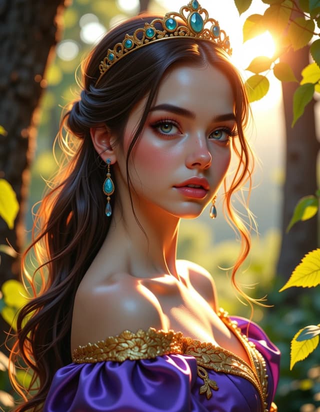 A masterpiece,  in the style of the 1980s, with bold lines, dynamic strokes and rich textures, on background with a touch of nostalgia, perhaps with subtle drawings inspired by cellulose and vintage, worn textures similar to paper, oil painting, Regal young woman portrait at golden hour in a sunlit forest, three-quarter view, gazing slightly past the camera with luminous sapphire-blue eyes, porcelain skin with a warm, dewy glow and subtle natural makeup, long chestnut hair loosely swept back with delicate flyaway strands, ornate gold filigree tiara encrusted with turquoise gems and matching chandelier earring with a teardrop gem, wearing a flowing royal purple silk gown with intricate gold embroidery on the shoulders and neckline, jewels catching the light. Warm cinematic backlight and rim lighting, volumetric sun rays filtering through leaves, soft bokeh forest background with distant misty mountains, leaves framing the face. Ultra-detailed, high-resolution, hyperrealism with a painterly touch, razor-sharp eyes, realistic skin texture and pores, subsurface scattering, fine hair strands, micro-detail in lace and embroidery, polished gemstone reflections, soft shadows and gentle highlights, dramatic yet serene fairytale mood, shallow depth of field, 85mm portrait composition, cinematic color grading emphasizing golds, emerald greens and deep purples, photorealistic lighting, 8k detail, elegant and evocative atmosphere. hdr