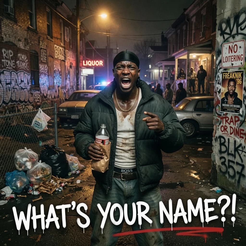 Афро-американец орет в трущобах "What's your name"