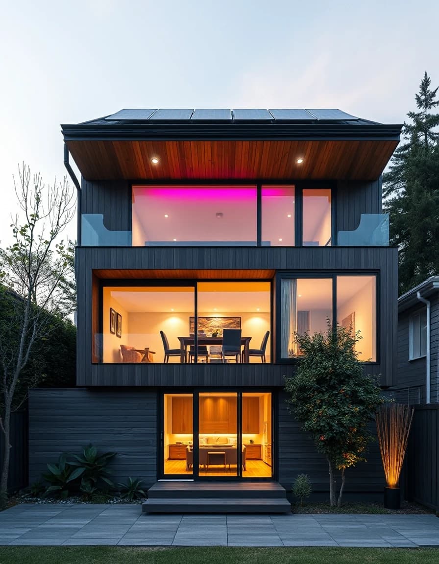 Vertical architectural shot, modern high-tech two-story wooden frame house, flat roof with solar panels, huge panoramic windows, evening light, warm cozy illumination from inside, luxury backyard.