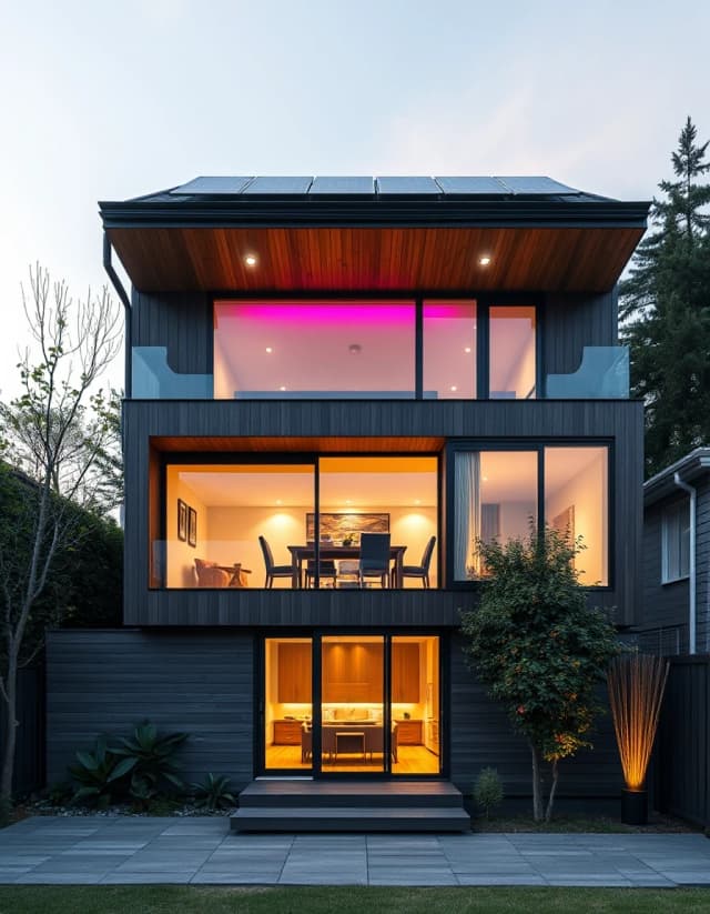 Vertical architectural shot, modern high-tech two-story wooden frame house, flat roof with solar panels, huge panoramic windows, evening light, warm cozy illumination from inside, luxury backyard.